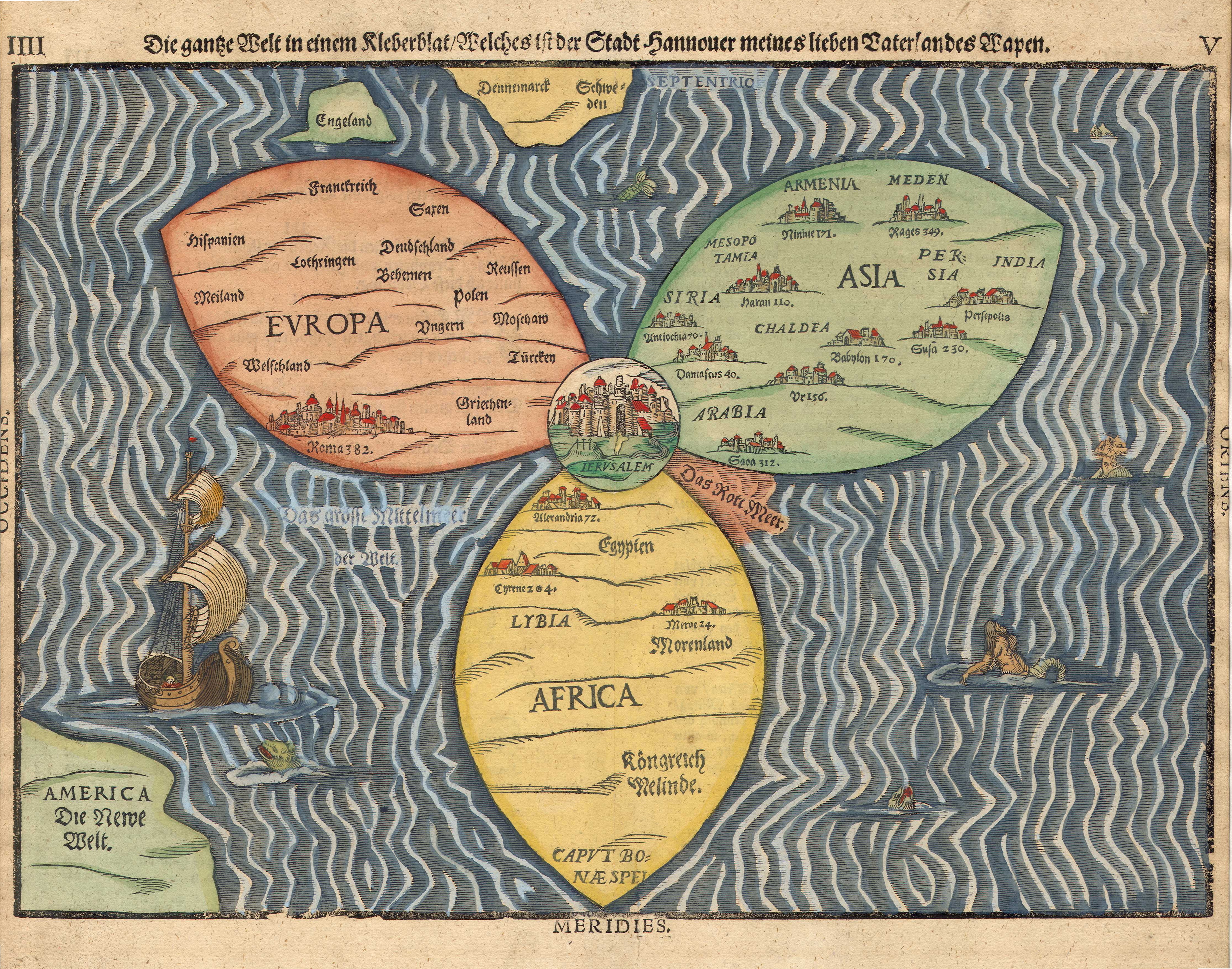 This map by Heinrich Bunting 1581 shows similar attributes to a universal history. While it depicts the world, accuracy is explicitly secondary to symbolism and meaning, specifically regarding continent shape and the position of Jerusalem.