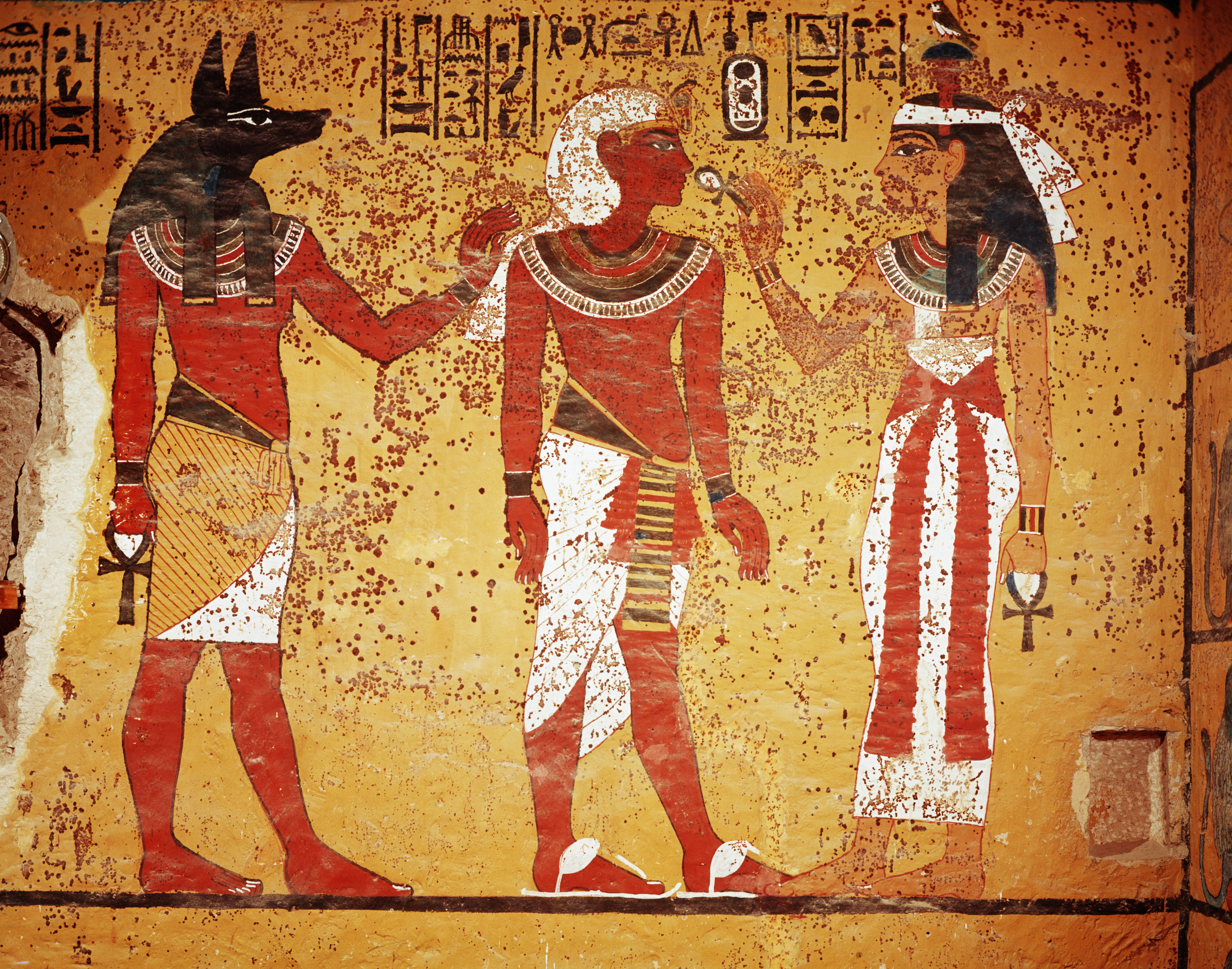 Figure 1: Ancient Egyptian wall painting of King Tutankhamen and the Egyptian gods Anubis (left) and Nephthys (right)